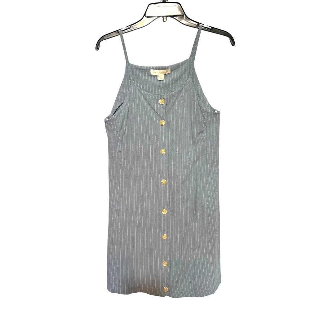 Monteau Blue Pinstripe Button-Down‎ Linen Blend Dress Spaghetti Straps Medium
